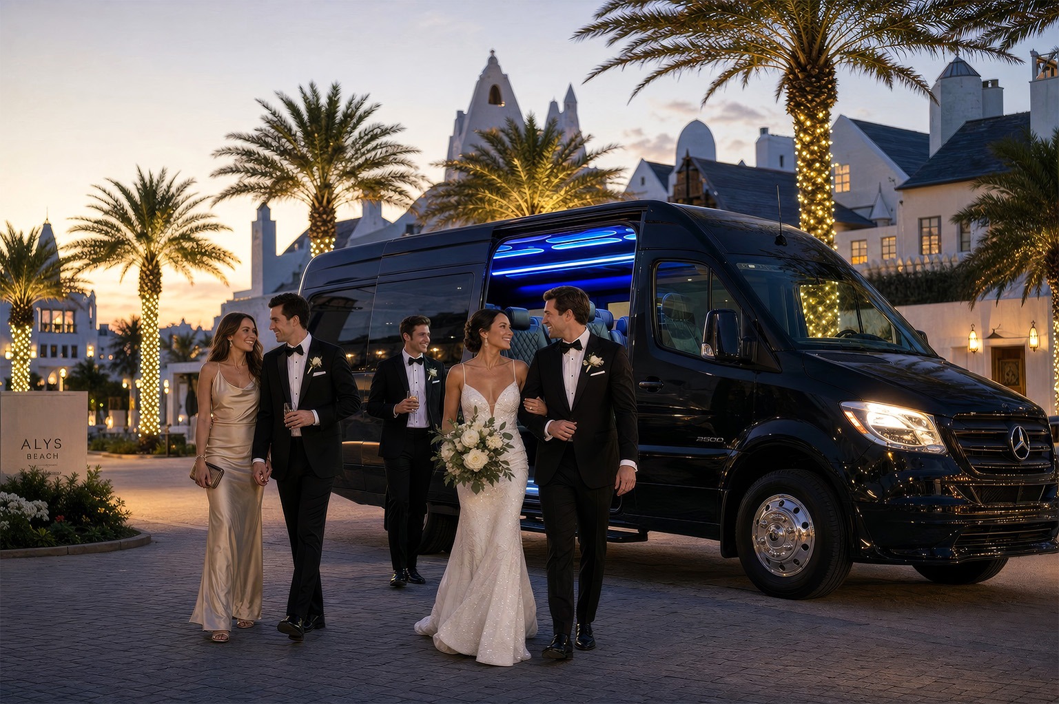 30A Alys Beach Wedding party experiencing top-notch special event transportation service with the dependable luxury transportation service offered by Luxe Limos of Destin. High-end Executive Mercedes-Benz Sprinter passenger van transportation service, perfect for a high-end wedding party, corporate gathering, or a charming family dinner charter. Enjoy both comfort and elegance in a luxury executive sprinter van that caters to every occasion!